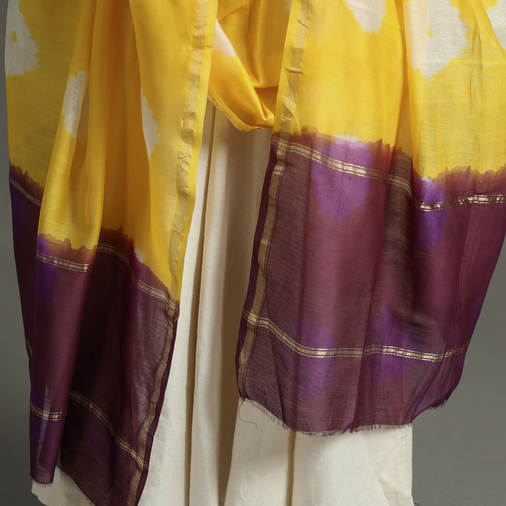 Yellow - Shibori Tie-Dye Handloom Chanderi Silk Dupatta with Zari Border 72