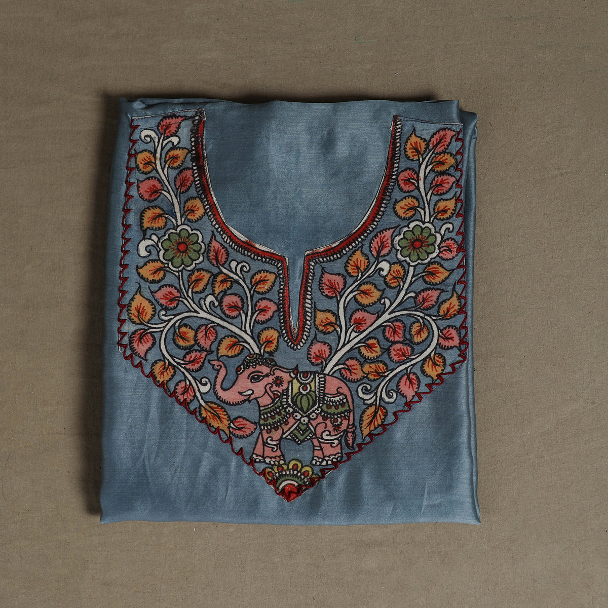 Blue - Handpainted Srikalahasti Handloom Chanderi Silk Unstitched Kurta (2.3M) 33
