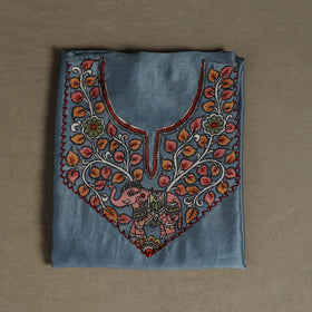 Blue - Handpainted Srikalahasti Handloom Chanderi Silk Unstitched Kurta (2.3M) 33