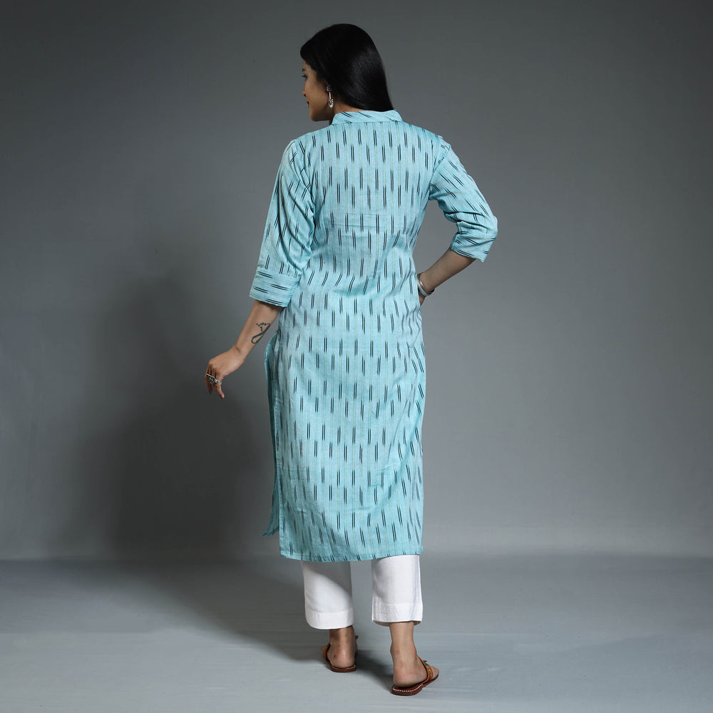 Sky Blue Pochampally Ikat Weave Cotton Long Kurta