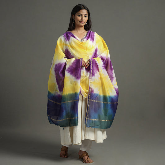 Multicolor - Shibori Tie-Dye Handloom Chanderi Silk Dupatta with Zari Border 73