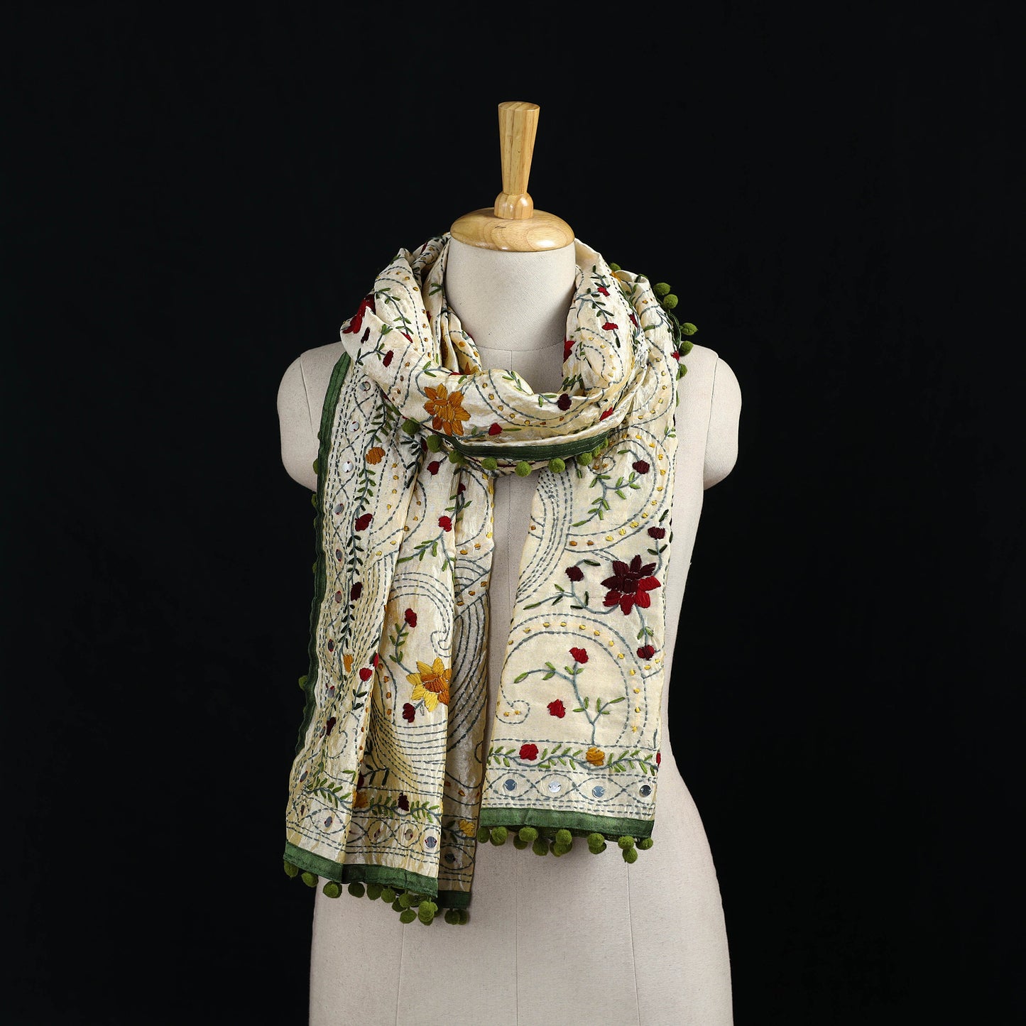 Ranihati Chanderi Silk Hand Embroidered Stole with Pom Pom 274