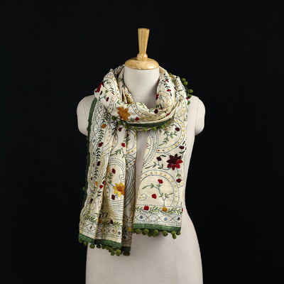 Ranihati Chanderi Silk Hand Embroidered Stole with Pom Pom 274
