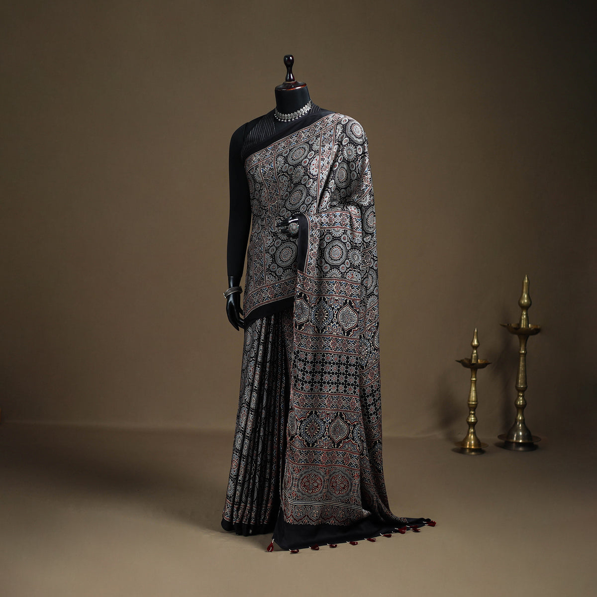 Ajrakh hand block print natural dyed modal silk saree 12