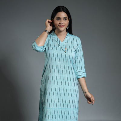 Sky Blue Pochampally Ikat Weave Cotton Long Kurta