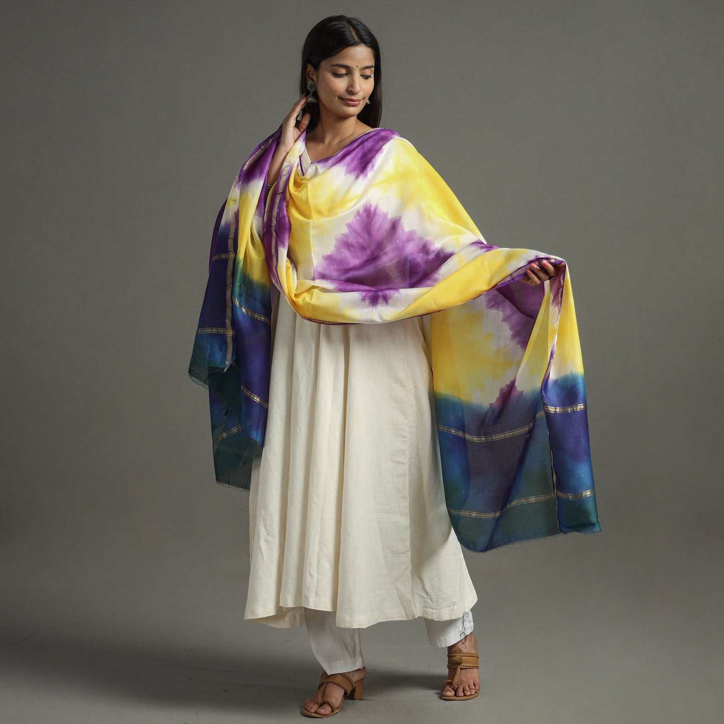 Multicolor - Shibori Tie-Dye Handloom Chanderi Silk Dupatta with Zari Border 73