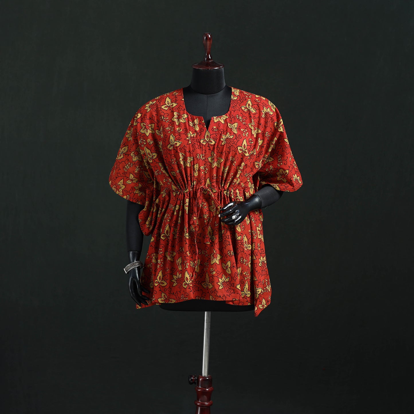 Red - Pipad Hand Block Print Natural Dyed Cotton Kaftan (Short) 40