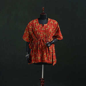 Red - Pipad Hand Block Print Natural Dyed Cotton Kaftan (Short) 40