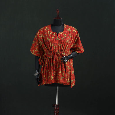 Red - Pipad Hand Block Print Natural Dyed Cotton Kaftan (Short) 40