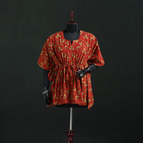 Red - Pipad Hand Block Print Natural Dyed Cotton Kaftan (Short) 40
