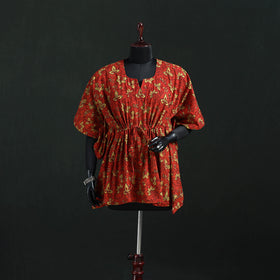 Red - Pipad Hand Block Print Natural Dyed Cotton Kaftan (Short) 40