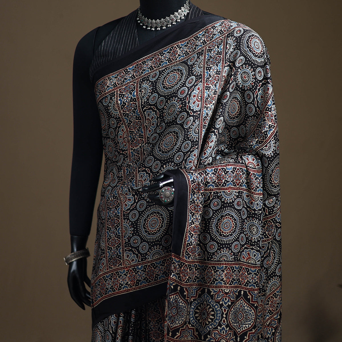 Ajrakh hand block print natural dyed modal silk saree 12