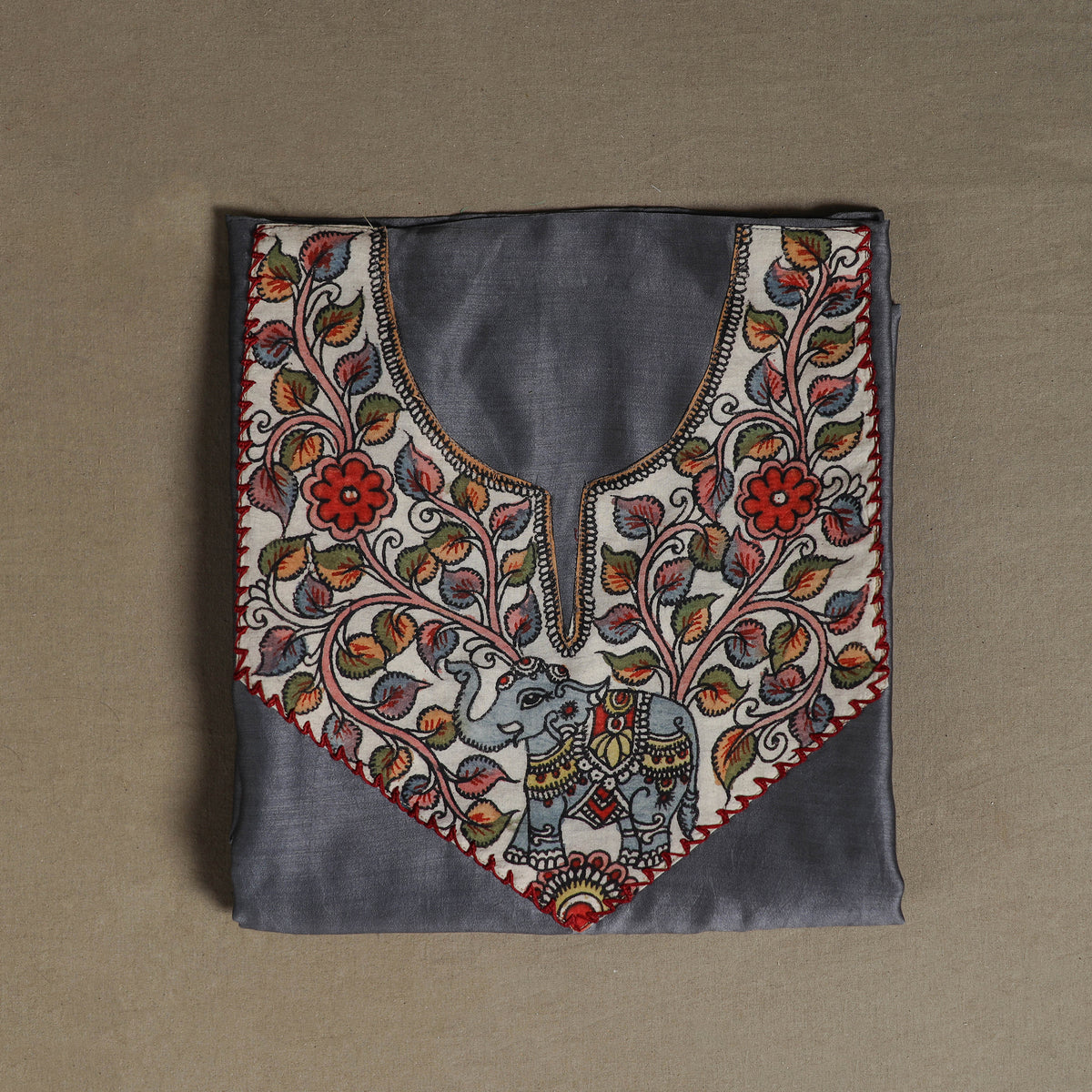 Grey - Handpainted Srikalahasti Handloom Chanderi Silk Unstitched Kurta (2.3M) 30