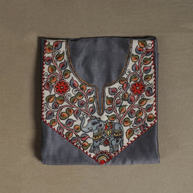 Grey - Handpainted Srikalahasti Handloom Chanderi Silk Unstitched Kurta (2.3M) 30