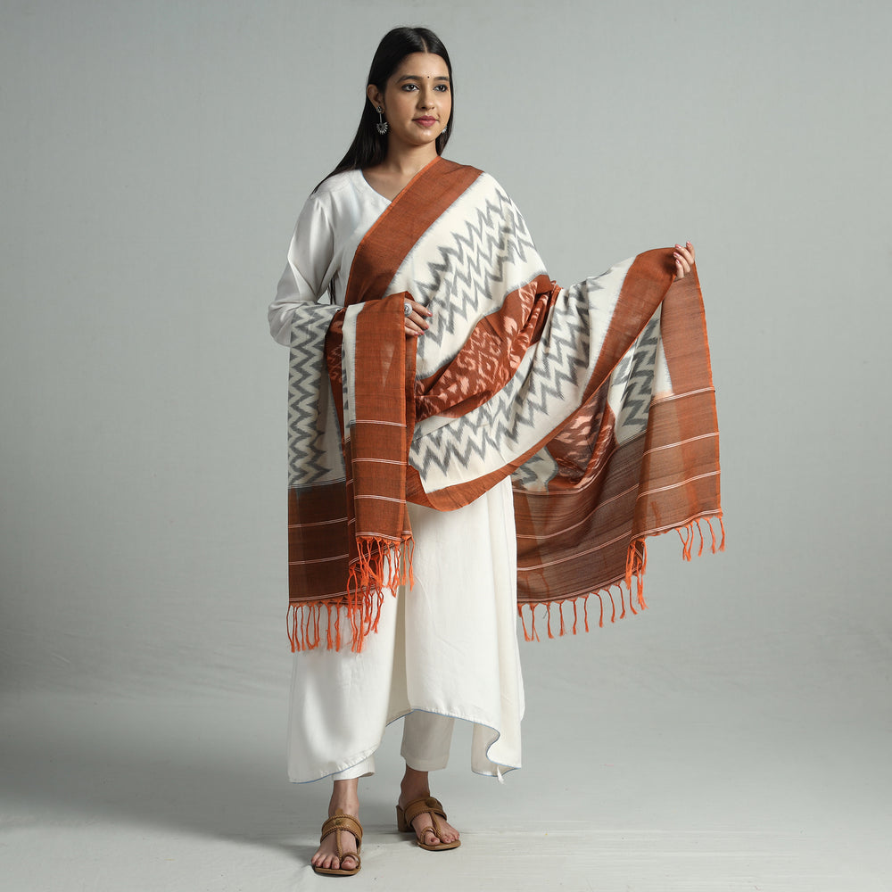 Brown - Pochampally Ikat Handloom Cotton Dupatta with Tassels 17