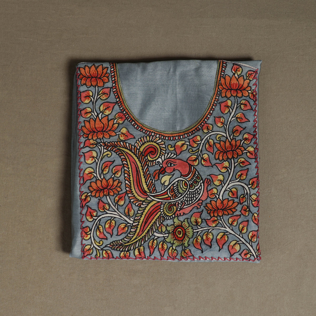 Grey - Handpainted Srikalahasti Handloom Chanderi Silk Unstitched Kurta (2.3M) 29