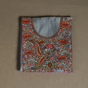 Grey - Handpainted Srikalahasti Handloom Chanderi Silk Unstitched Kurta (2.3M) 29