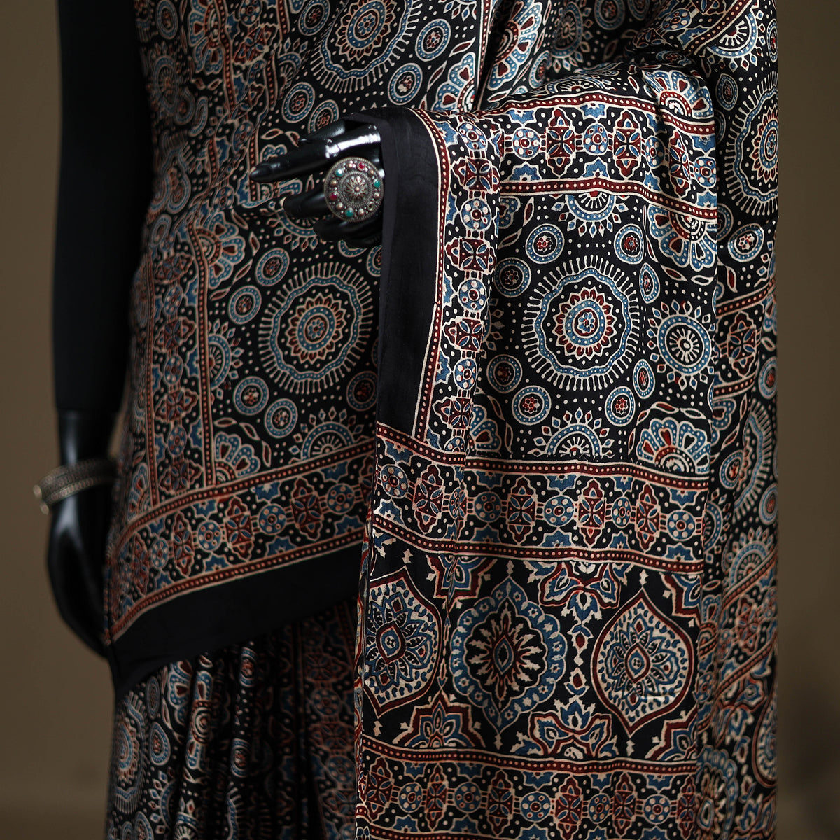 Ajrakh hand block print natural dyed modal silk saree 12