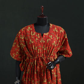 Red - Pipad Hand Block Print Natural Dyed Cotton Kaftan (Short) 40