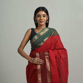 Red Kanchipuram Cotton Saree with Zari Border