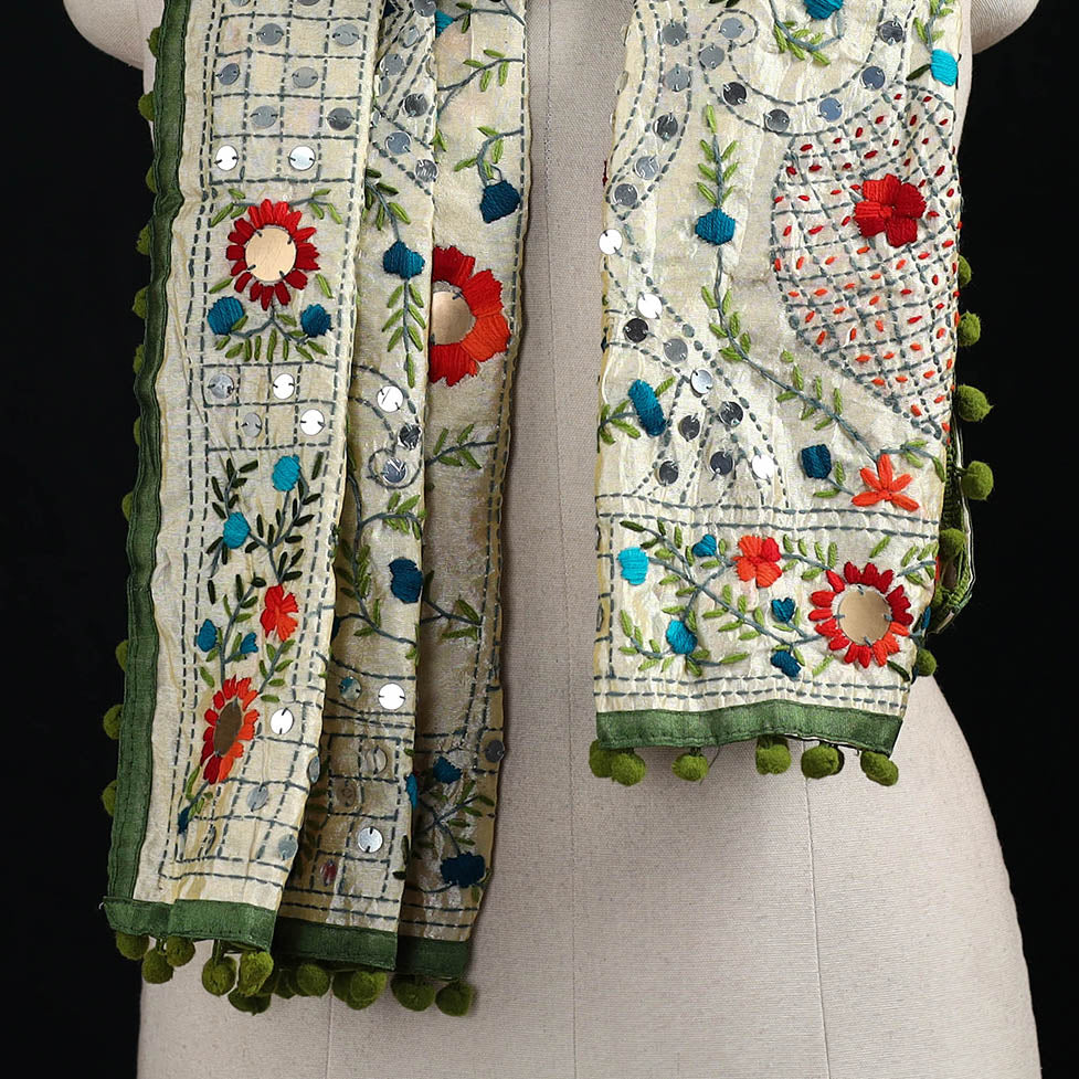 Ranihati Chanderi Silk Hand Embroidered Stole with Pom Pom 277