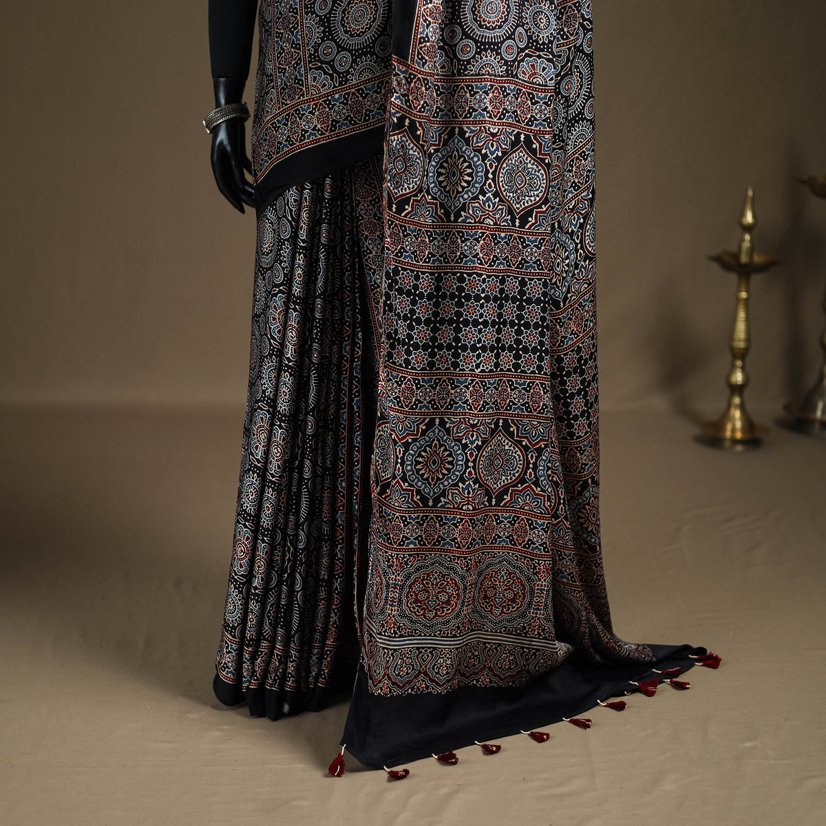 Ajrakh hand block print natural dyed modal silk saree 12
