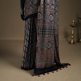 Ajrakh hand block print natural dyed modal silk saree 12