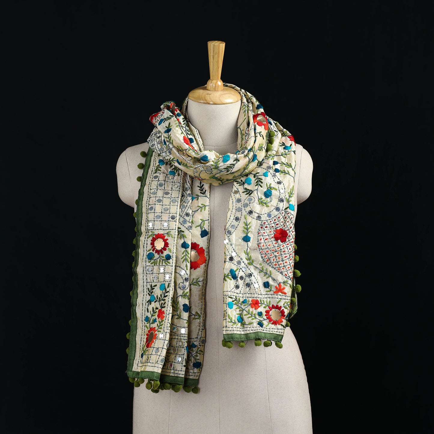 Ranihati Chanderi Silk Hand Embroidered Stole with Pom Pom 277