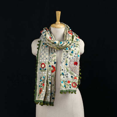 Ranihati Chanderi Silk Hand Embroidered Stole with Pom Pom 277