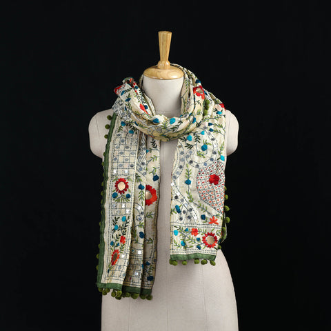 Ranihati Chanderi Silk Hand Embroidered Stole with Pom Pom 277