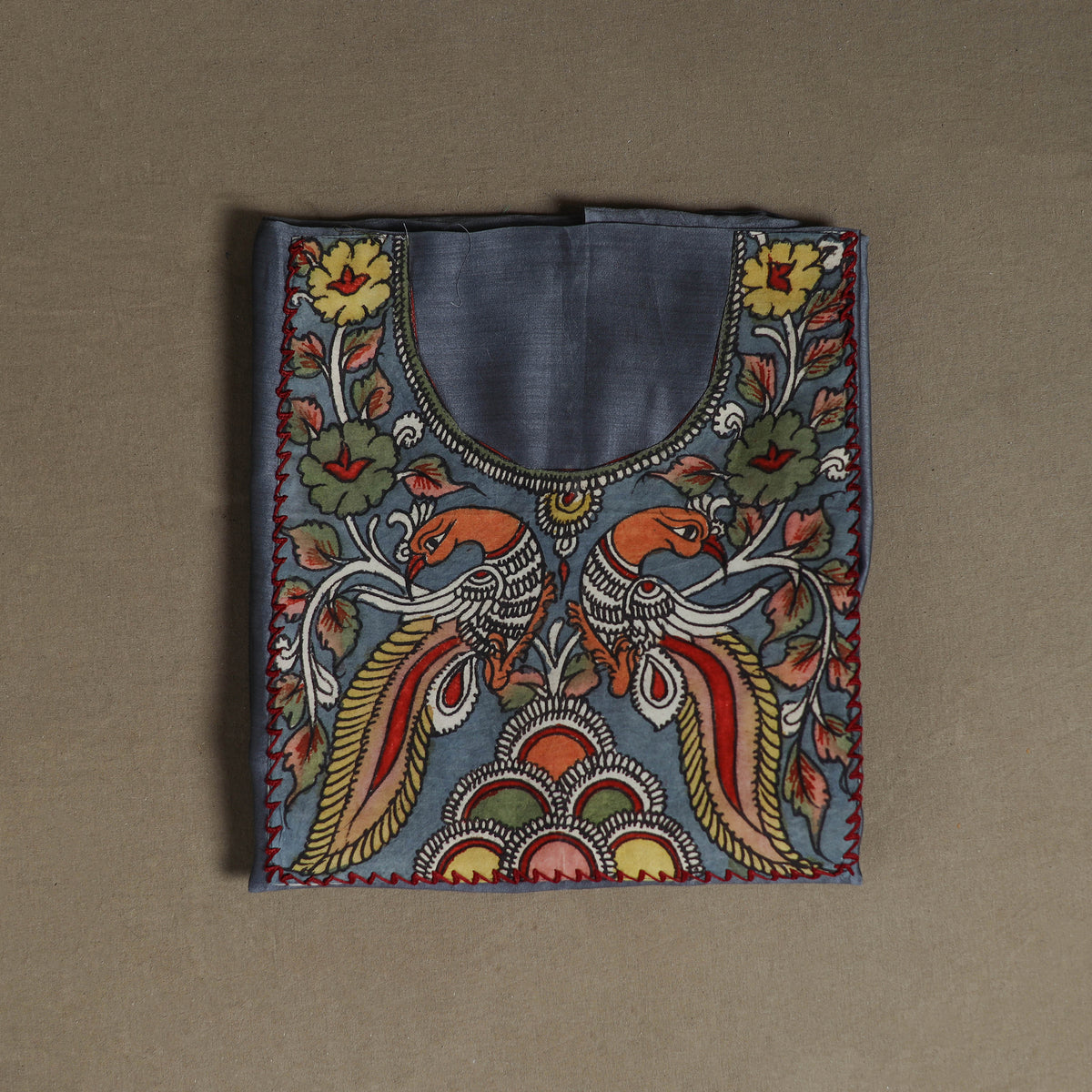 Grey - Handpainted Srikalahasti Handloom Chanderi Silk Unstitched Kurta (2.3M) 28
