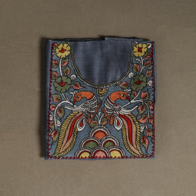Grey - Handpainted Srikalahasti Handloom Chanderi Silk Unstitched Kurta (2.3M) 28