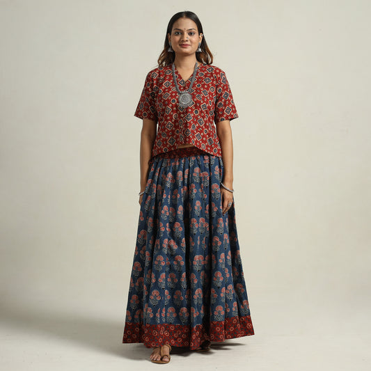 Ajrakh Block Printed 24 Kali Patchwork Cotton Long Skirt 55