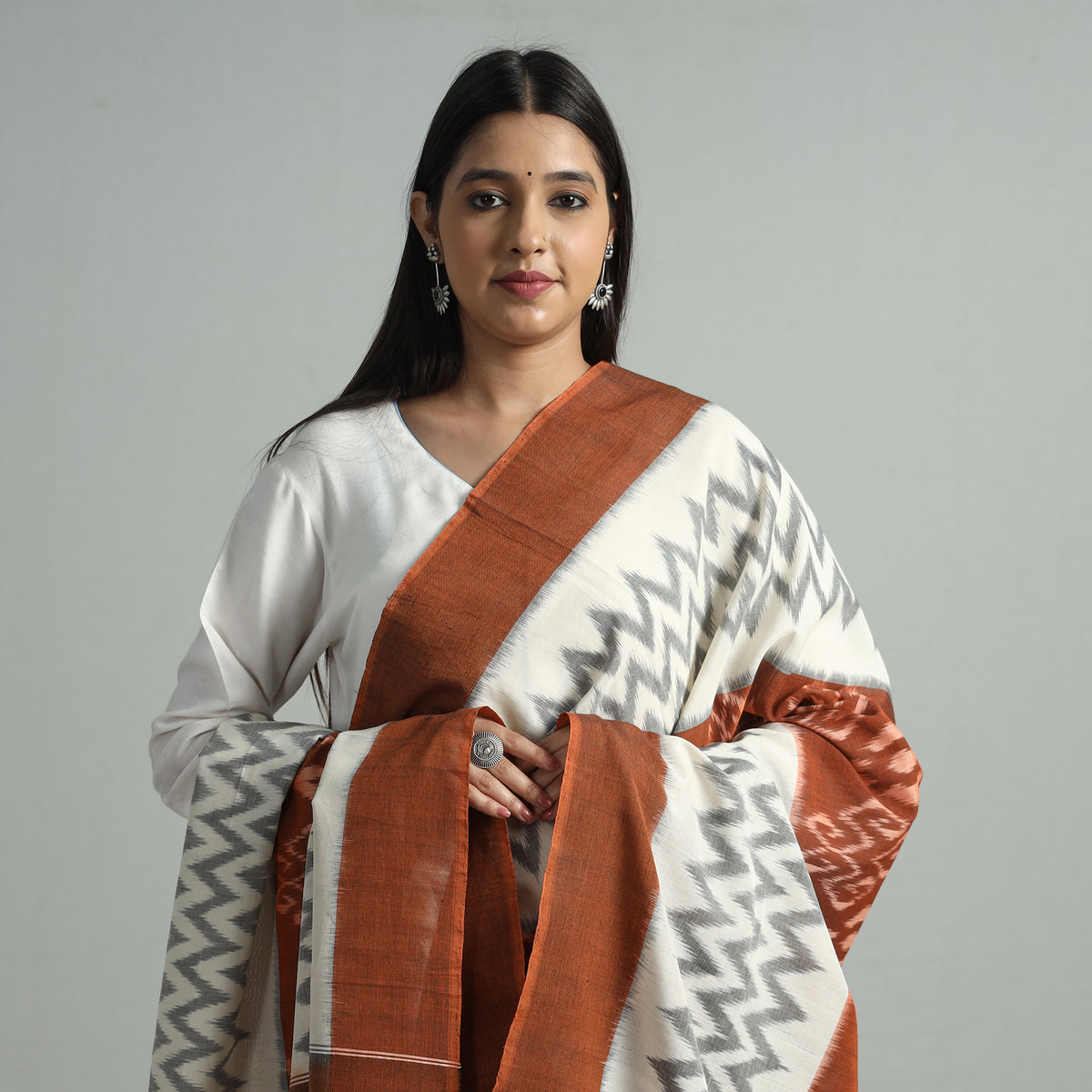 Brown - Pochampally Ikat Handloom Cotton Dupatta with Tassels 17