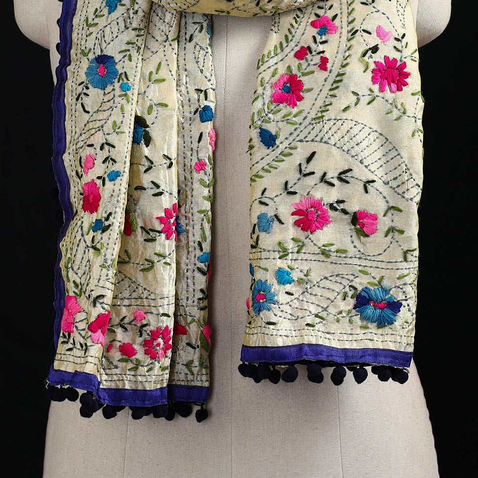 Beige - Ranihati Chanderi Silk Hand Embroidered Stole with Pom Pom 278