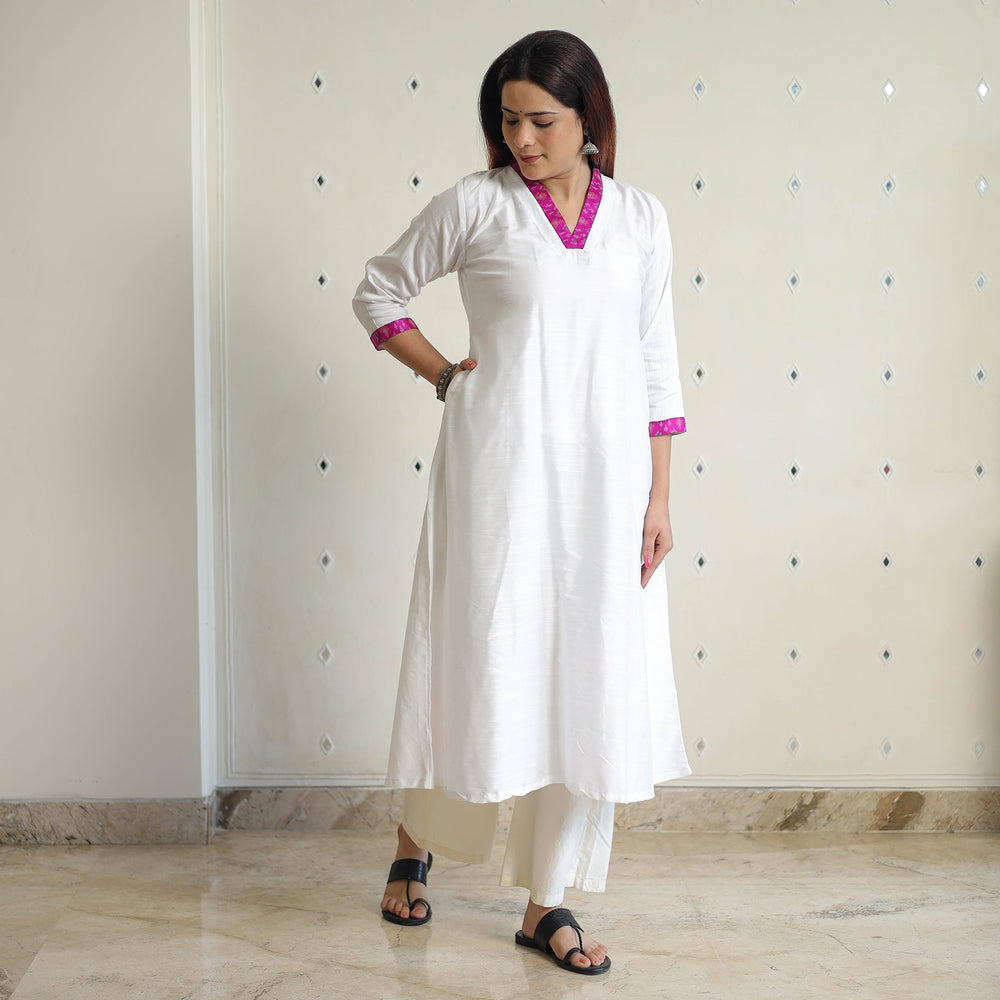 White - Plain Solid Slub Silk A-Line Long Kurta 12