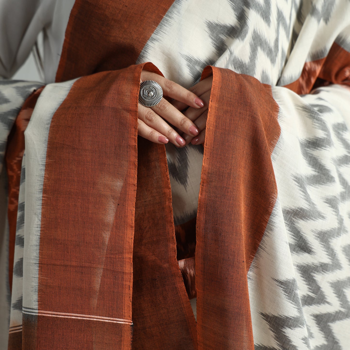 Brown - Pochampally Ikat Handloom Cotton Dupatta with Tassels 17
