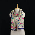 Beige - Ranihati Chanderi Silk Hand Embroidered Stole with Pom Pom 278