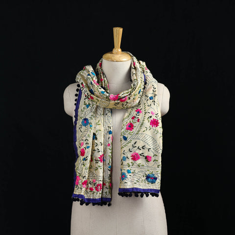 Ranihati Chanderi Silk Hand Embroidered Stole with Pom Pom 278