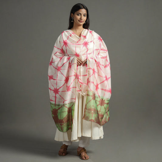 Pink - Shibori Tie-Dye Handloom Chanderi Silk Dupatta with Zari Border 74