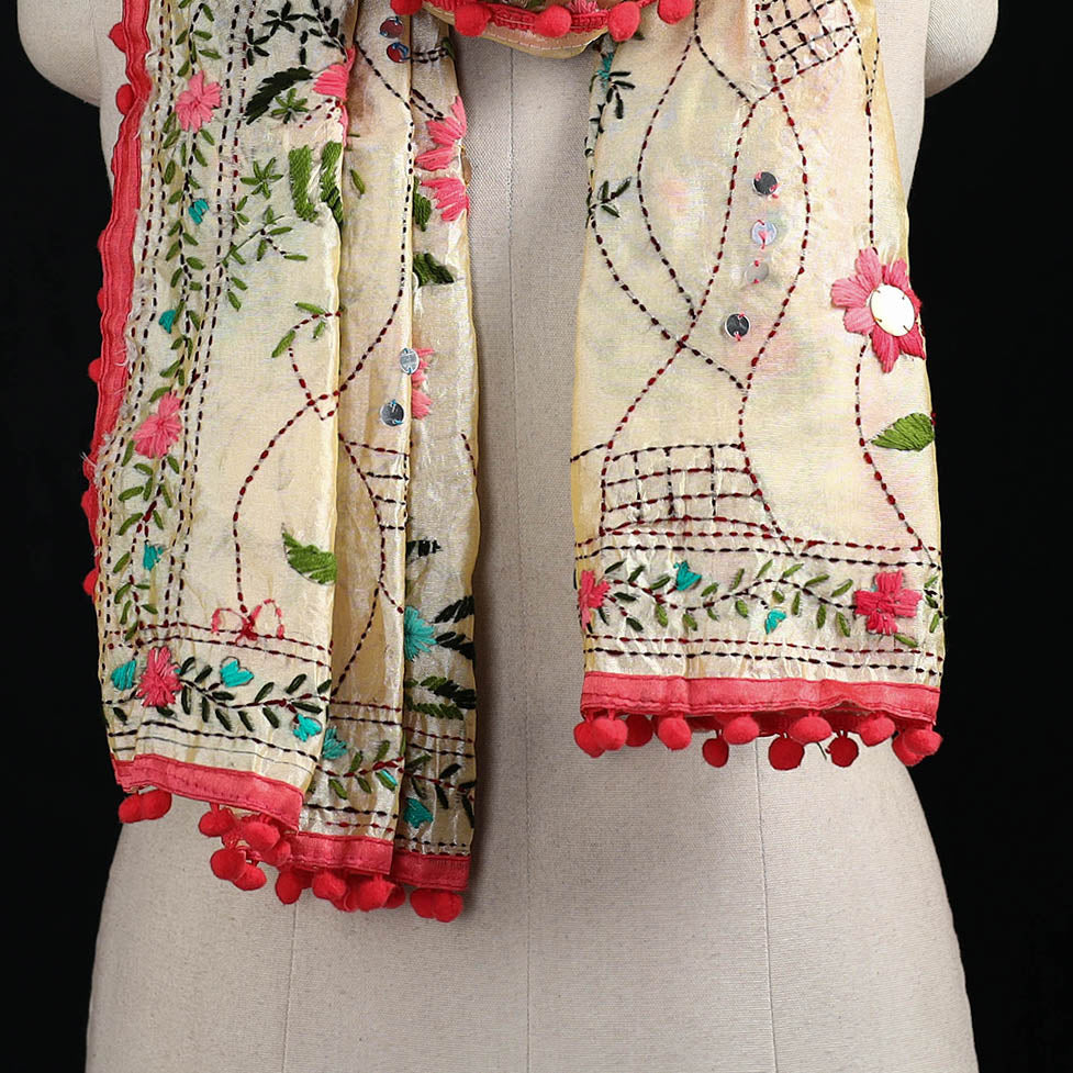 Ranihati Chanderi Silk Hand Embroidered Stole with Pom Pom 279