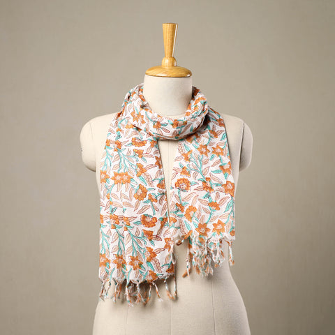 Multicolor Block Print Cotton Sanganeri Stole with Tassels