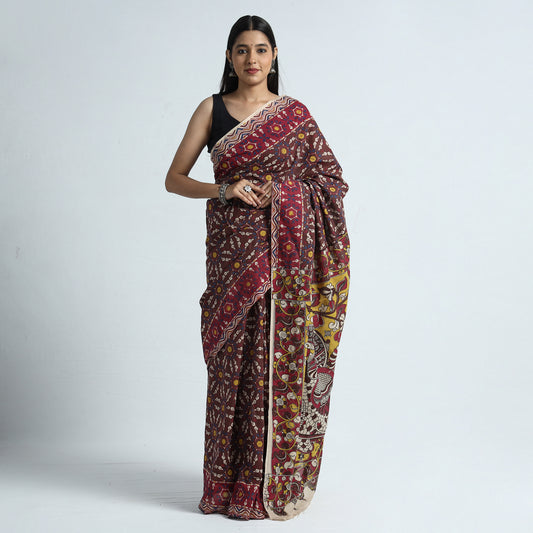 Brown - Nellore Kalamkari Printed Cotton Saree with Blouse Piece 16