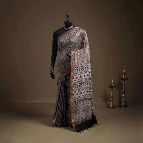 Ajrakh Hand Block Print Natural Dyed Zari Border Chanderi Silk Saree 13