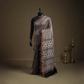 Ajrakh Hand Block Print Natural Dyed Zari Border Chanderi Silk Saree 13