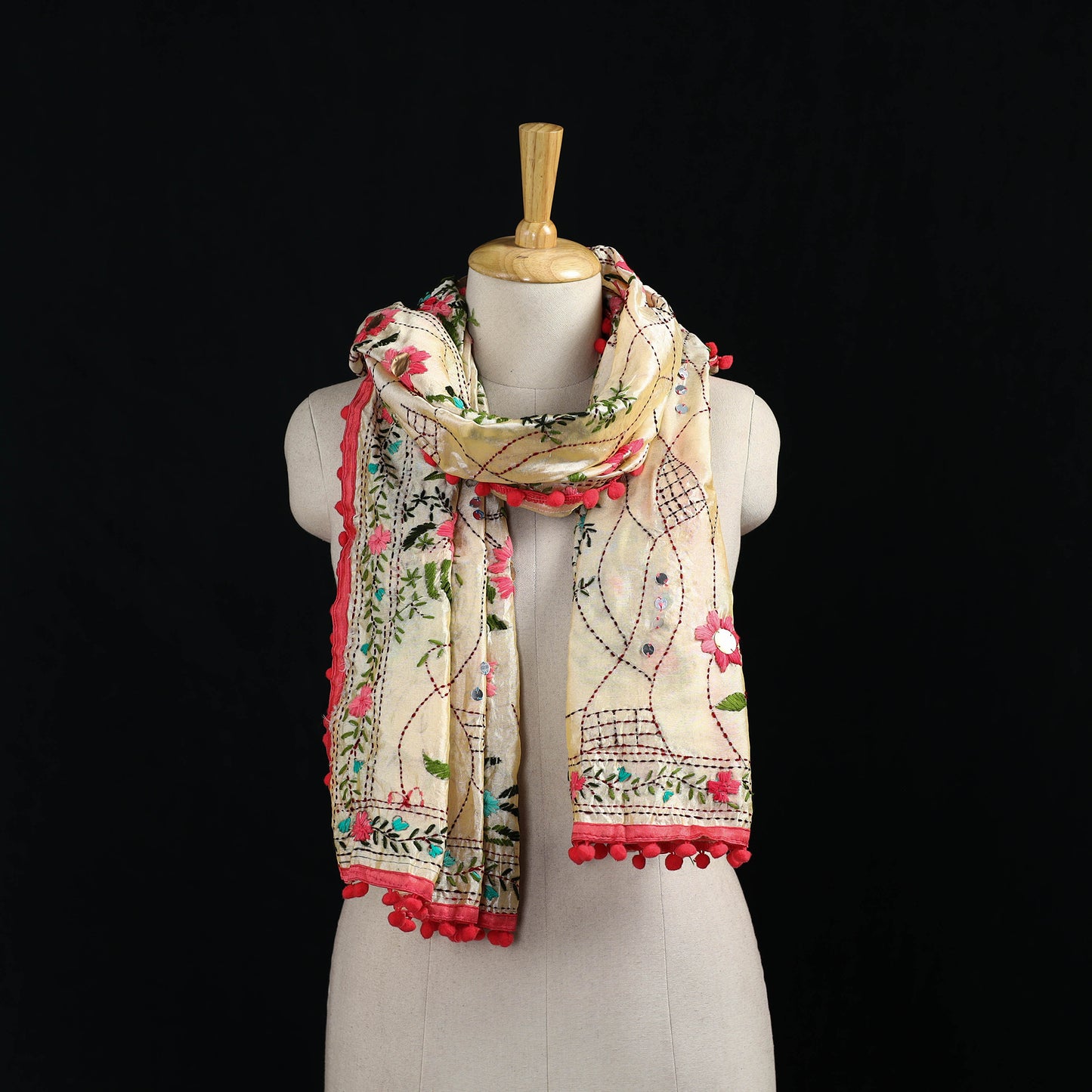 Ranihati Chanderi Silk Hand Embroidered Stole with Pom Pom 280
