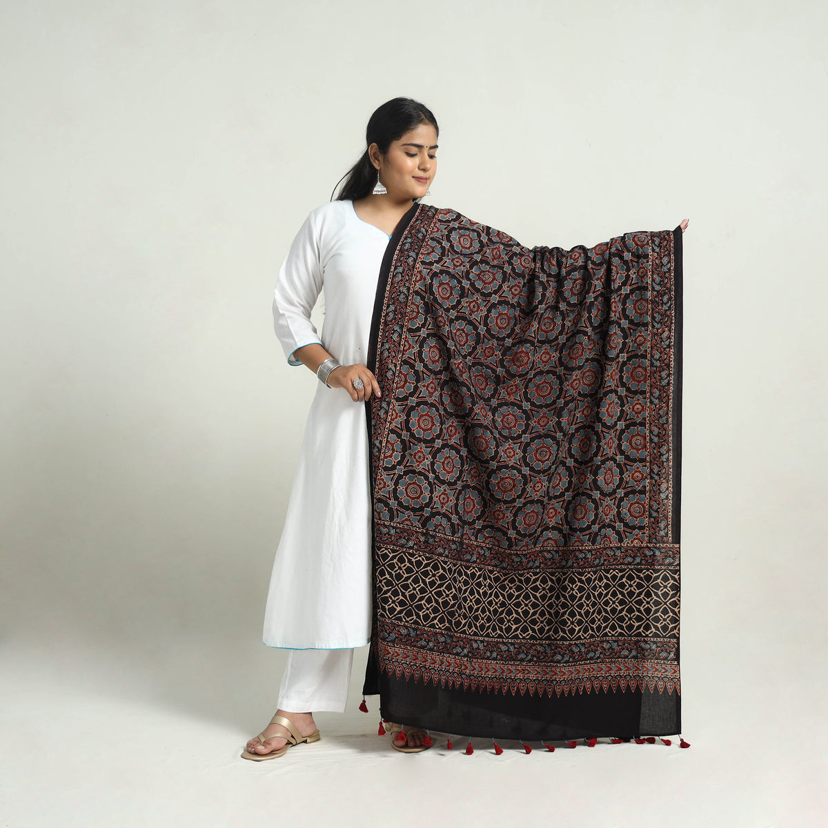 Black - Block Printed Cotton Ajrakh Dupatta with Tassels 07