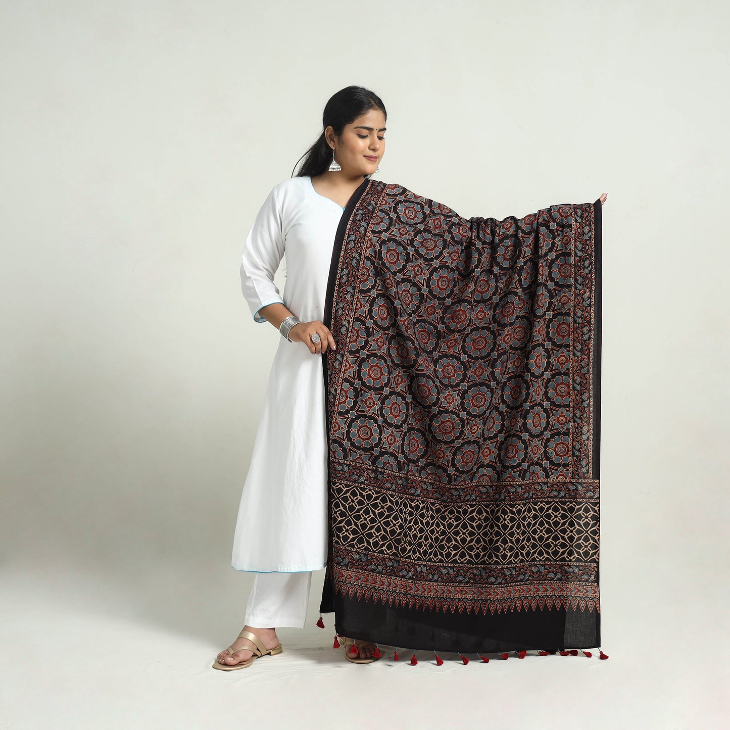 Black - Block Printed Cotton Ajrakh Dupatta with Tassels 07