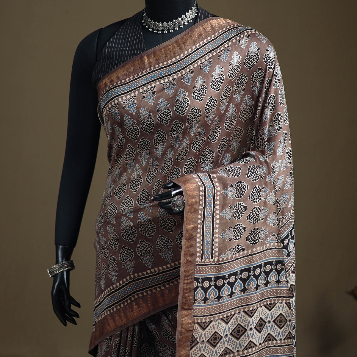 Ajrakh Hand Block Print Natural Dyed Zari Border Chanderi Silk Saree 13