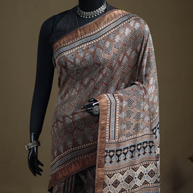Ajrakh Hand Block Print Natural Dyed Zari Border Chanderi Silk Saree 13